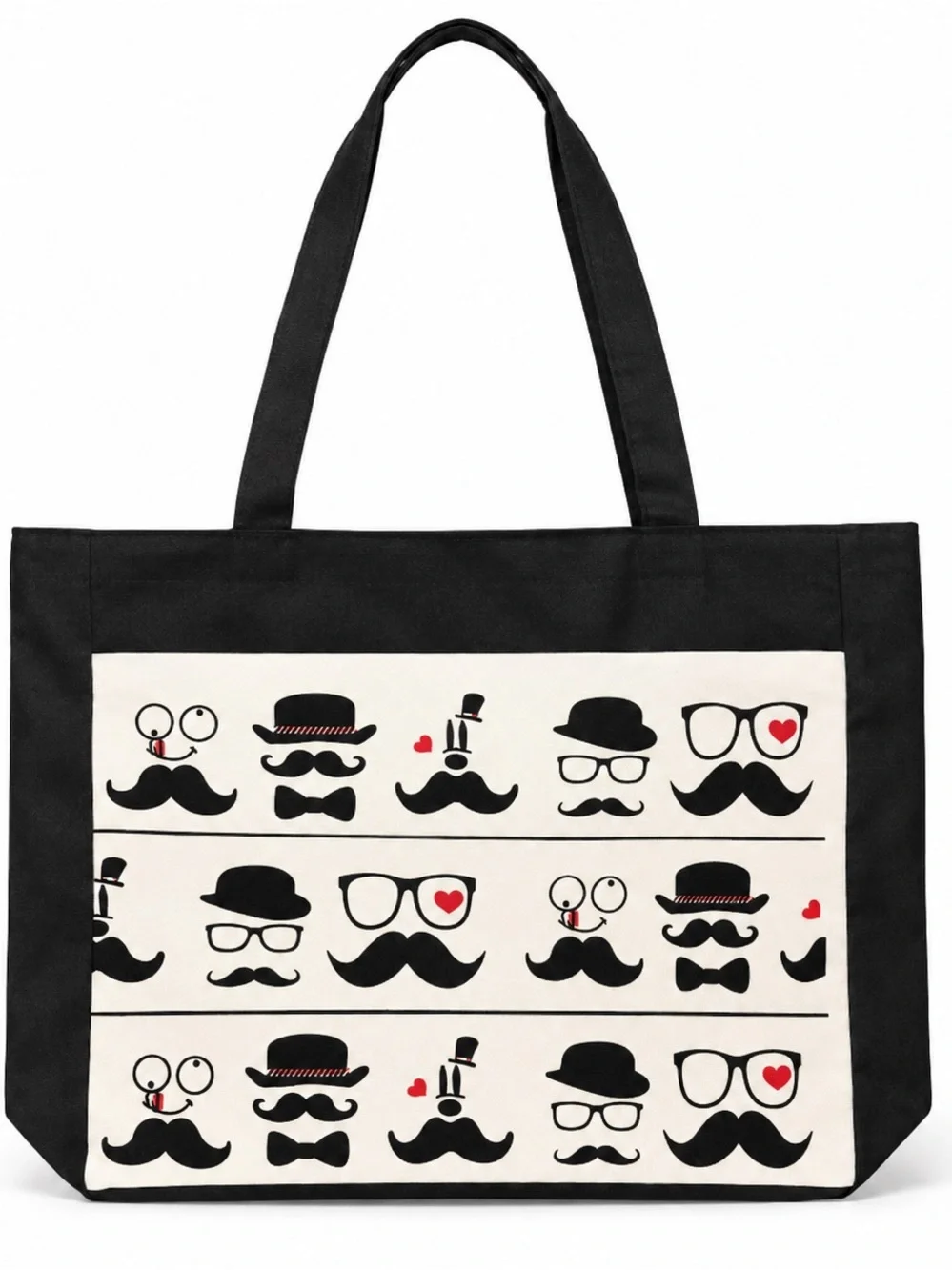 Black Mustache Pattern Tote Bag - Casual Men’s Carryall